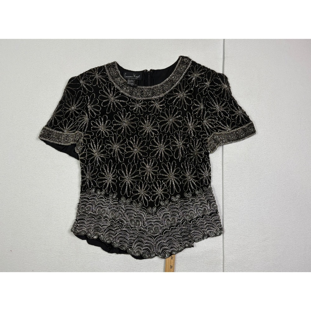 Laurence Kazar Vintage 90s Silk Beaded Top Black Silver Floral XL Evening Blouse